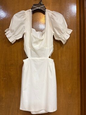 American Threads White Puff-Sleeve Cutout Mini Dress